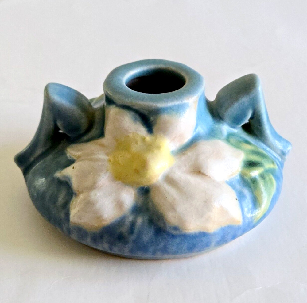 Vintage Roseville Pottery Candle Holder Clematis Blue Floral Retro USA 1940s